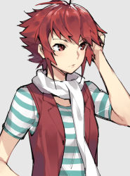 Rule 34 | 1girl, ahoge, alternate costume, arm up, blush, closed mouth, contemporary, fire emblem, fire emblem fates, ge-b, grey background, hand in own hair, hinoka (fire emblem), jacket, looking away, nintendo, open clothes, open vest, red eyes, red hair, red vest, scarf, shirt, short hair, short sleeves, simple background, solo, striped clothes, striped shirt, t-shirt, upper body, vest, white scarf