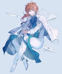 Rule 34 | 1boy, blue background, closed mouth, collar, crossed arms, fate/grand order, fate (series), flower, forget-me-not (flower), full body, gloves, green eyes, hand on own knee, jacket, jacket on shoulders, crossed legs, lirica, long hair, long sleeves, looking at viewer, male focus, midair, open clothes, orange hair, pants, paper airplane, ponytail, romani archaman, simple background, sitting, sleeves rolled up, smile, solo, white footwear, white gloves, white jacket, white pants
