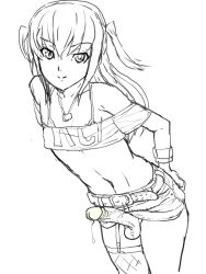 Rule 34 | absurdres, androgynous, garter belt, gender request, hand on own hip, highres, jewelry, long hair, looking at viewer, monochrome, necklace, penis, precum, short twintails, smile, solo, trap, twintails