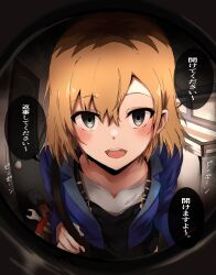 Rule 34 | 1girl, :d, blonde hair, blue eyes, blush, bolt cutters, empty eyes, fisheye, hammer, highres, looking at viewer, miyamori aoi, multicolored hair, open mouth, roots (hair), shirobako, short hair, smile, solo, tahita1874, teeth, translated, wrench, yandere