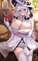 Rule 34 | azur lane, bare shoulders, blue eyes, blush, breasts, cleavage, closed mouth, dress, elbow gloves, garter straps, glasses, gloves, hat, highres, holding, illustrious (azur lane), large breasts, looking at viewer, smile, solo, thighhighs, thighs, wee (weeyy), white dress, white garter straps, white gloves, white hat, white thighhighs
