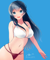 Rule 34 | 10s, 1girl, :d, agano (kancolle), bad id, bad pixiv id, bikini, black hair, blue background, blue eyes, breasts, cleavage, collarbone, cowboy shot, dated, groin, highres, kantai collection, large breasts, long hair, looking at viewer, navel, open mouth, simple background, smile, solo, swimsuit, tebi (tbd11)