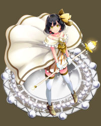 Rule 34 | 1girl, black hair, bow, brown bow, brown eyes, brown footwear, collarbone, dress, earrings, frills, full body, gloves, hair bow, hair ornament, highres, holding, holding staff, jewelry, looking at viewer, magic circle, magical girl, necklace, original, sakura (kimamani), shoes, smile, solo, staff, standing, thighhighs, white dress, white gloves, white thighhighs