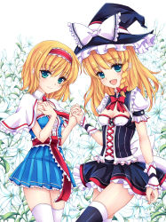 Rule 34 | 2girls, adapted costume, alice margatroid, black dress, black legwear, blonde hair, blue dress, blue eyes, bow, braid, breasts, capelet, cleavage, dress, fang, flower, fred0092, hairband, holding hands, hat, hat bow, highres, interlocked fingers, kirisame marisa, lolita hairband, looking at viewer, multiple girls, open mouth, sash, single braid, small breasts, smile, thighhighs, touhou, white legwear, witch hat, wrist cuffs, zettai ryouiki