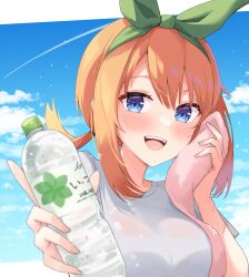 Rule 34 | 1girl, :d, blue eyes, blue sky, blush, bottle, breasts, cloud, cloudy sky, commentary, contrail, day, eyebrows hidden by hair, fingernails, go-toubun no hanayome, green hairband, green ribbon, hair between eyes, hair ribbon, hairband, highres, holding, holding bottle, holding towel, looking at viewer, low ponytail, medium breasts, nakano yotsuba, open mouth, orange hair, outstretched arm, ponytail, profnote, ribbon, shirt, short sleeves, sidelocks, sky, smile, solo, sweat, teeth, towel, upper body, upper teeth only, water bottle, white shirt, wiping sweat