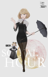 Rule 34 | 2019, 2girls, :d, :o, alice margatroid, alternate costume, bag, black dress, black footwear, black legwear, black umbrella, blonde hair, blue eyes, breasts, brooch, capelet, commentary, contemporary, dress, earrings, full body, grey background, hand up, highres, holding, holding bag, holding umbrella, jewelry, long sleeves, looking at viewer, medium breasts, multiple girls, open mouth, pantyhose, reeh (yukuri130), shanghai doll, short dress, short hair, simple background, smile, standing, touhou, umbrella, white capelet