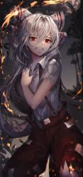 Rule 34 | 1girl, a maru, artist name, bad id, bad pixiv id, bow, clenched teeth, commentary, cowboy shot, embers, english commentary, fire, fire, fujiwara no mokou, full moon, hair between eyes, hair bow, hand on own chest, highres, long hair, looking at viewer, moon, night, night sky, ofuda, open fly, outdoors, pants, red eyes, red pants, short sleeves, silver hair, sky, solo, standing, suspenders, teeth, torn clothes, torn pants, torn sleeves, touhou, very long hair, white bow
