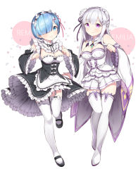 Rule 34 | 10s, 2girls, apron, black footwear, blue eyes, blue hair, blunt bangs, blush, boots, braid, breasts, character name, chitetan, cleavage, closed mouth, clothing cutout, coattails, collar, corset, crown braid, detached collar, detached sleeves, dress, emilia (re:zero), flower, frilled apron, frilled collar, frilled dress, frilled sleeves, frills, full body, garter straps, hair flower, hair ornament, hair over one eye, hair ribbon, hand up, juliet sleeves, leg up, long hair, long sleeves, looking at viewer, maid, maid headdress, mary janes, medium breasts, multiple girls, pink ribbon, pleated skirt, puffy sleeves, purple eyes, purple ribbon, re:zero kara hajimeru isekai seikatsu, rem (re:zero), ribbon, shoes, short hair, shoulder cutout, sidelocks, silver hair, skirt, smile, star (symbol), starry background, thigh boots, thighhighs, waist apron, white background, white flower, white footwear, white legwear, white skirt, wide sleeves, x hair ornament