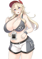 Rule 34 | 1girl, baseball cap, between breasts, bikini, bikini top only, blonde hair, blue eyes, breasts, cellphone, commentary request, eyes visible through hair, hair between eyes, hat, highres, iowa (kancolle), kantai collection, konoshige (ryuun), large breasts, long hair, looking at viewer, navel, phone, pocket, red hat, shorts, smartphone, smile, solo, star-shaped pupils, star (symbol), strap, strap between breasts, swimsuit, symbol-shaped pupils, wristband