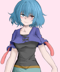 Rule 34 | 1girl, adapted costume, blue eyes, blue hair, bright pupils, capelet, closed mouth, cross-laced clothes, fe (tetsu), highres, looking at viewer, purple capelet, red eyes, short hair, short sleeves, smile, solo, tatara kogasa, tongue, touhou, upper body, white pupils