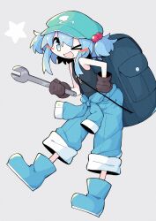 Rule 34 | 1girl, asameshi, backpack, bag, black tank top, blue eyes, blue footwear, blue hair, blue pants, boots, brown gloves, flat cap, full body, gloves, green hat, hair between eyes, hair bobbles, hair ornament, hat, highres, holding, holding wrench, kawashiro nitori, key, medium hair, one eye closed, open mouth, pants, rubber boots, simple background, smile, solo, tank top, touhou, two side up, white background, wrench