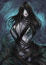 Rule 34 | 1girl, absurdres, black hair, breasts, cave, colored skin, covered erect nipples, grey skin, hair over breasts, hair over eyes, highres, huge breasts, lamia, large breasts, lipstick, long hair, makeup, monster, monster girl, nioh, nioh 2, no arms, nure-onna (nioh), red lips, snake tail, solo, tahnya, tail, traditional youkai, very long hair