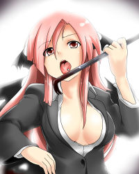 Rule 34 | 1girl, bat wings, blood, breasts, cleavage, crowbar, embodiment of scarlet devil, fang, female focus, gradient background, head wings, holding, holding crowbar, koakuma, large breasts, licking, miki purasu, open clothes, open shirt, piercing, pink eyes, pink hair, shirt, solo, tongue, tongue piercing, touhou, upper body, weapon, white background, wings