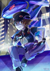 Rule 34 | 1boy, black gloves, brown eyes, brown hair, building, cityscape, creatures (company), dated, game freak, gen 5 pokemon, genesect, gloves, hilbert (pokemon), hilbert (sygna suit) (pokemon), holding, holding poke ball, legendary pokemon, looking at viewer, male focus, mythical pokemon, nintendo, official alternate costume, pants, poke ball, poke ball (basic), pokemon, pokemon (creature), pokemon masters ex, purple pants, ratowa, sitting