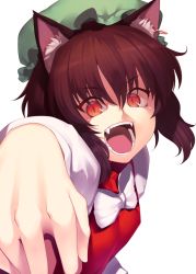 Rule 34 | 1girl, animal ears, bow, bowtie, brown hair, cat ears, chen, earrings, fangs, hat, image sample, jewelry, kaiza (rider000), long sleeves, looking at viewer, mob cap, open mouth, orange eyes, shaded face, shirt, short hair, simple background, single earring, slit pupils, smile, solo, touhou, upper body, vest, white background