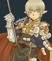 Rule 34 | 1boy, armor, arrow cross, black background, breastplate, cape, chainmail, character name, closed mouth, commentary request, cowboy shot, cross, expressionless, gauntlets, grey eyes, grey hair, holding, holding polearm, holding weapon, long bangs, looking at viewer, lord knight (ragnarok online), male focus, minorigo flow, pauldrons, pointy ears, polearm, ragnarok online, reaching, reaching towards viewer, red cape, short hair, shoulder armor, simple background, solo, spiked gauntlets, sword, tabard, tongue, tongue out, weapon