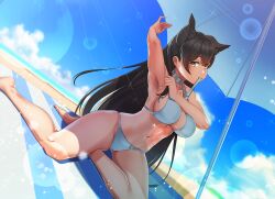 Rule 34 | 1girl, animal ears, arm up, armpits, atago (azur lane), atago (summer march) (azur lane), azur lane, barefoot, beach, bikini, black hair, breasts, cloud, commentary request, day, dog ears, dog girl, dutch angle, kagiyama (clave), large breasts, light particles, looking at viewer, mole, mole under eye, mouth hold, navel, official alternate costume, outdoors, sitting, solo, swimsuit, umbrella, white bikini, yellow eyes