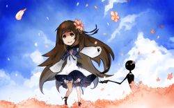 Rule 34 | 1girl, brown hair, deemo, deemo (character), dress, field, flower, flower field, frills, alice (deemo), happy, lestored cro, looking up, outstretched arms, sky, smile, spread arms