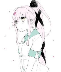 Rule 34 | 1girl, black ribbon, blush, breasts, buttons, cherry blossoms, ear visible through hair, ears visible through hair, green eyes, green sailor collar, hair between eyes, hair flaps, hair ribbon, kantai collection, kuromaru mn, long hair, looking up, parted lips, petals, pink hair, ponytail, ribbon, sailor collar, school uniform, short sleeves, simple background, solo, upper body, very long hair, white background, yura (kancolle)