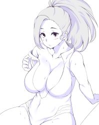 Rule 34 | 10s, 1girl, arm support, bad id, bad twitter id, blush, boku no hero academia, breasts, cleavage, covered navel, curvy, female focus, highres, large breasts, leotard, long hair, looking at viewer, moisture (chichi), monochrome, ponytail, simple background, sitting, solo, spot color, sweat, thick thighs, thighs, wide hips, yaoyorozu momo
