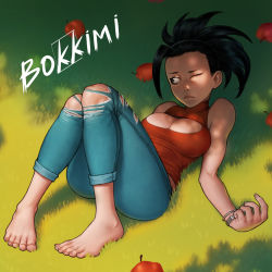 Rule 34 | 10s, 1girl, alexander terentyev, apple, artist name, barefoot, black hair, boku no hero academia, bracelet, breasts, cleavage, cleavage cutout, clothing cutout, dappled sunlight, denim, feet, food, fringe trim, fruit, full body, grass, jeans, jewelry, lying, medium breasts, on back, one eye closed, outdoors, pants, ponytail, shade, sleeveless, sleeveless turtleneck, solo, sunlight, toes, torn clothes, torn jeans, torn pants, turtleneck, yaoyorozu momo