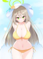 Rule 34 | 1girl, arms behind back, bikini, blue archive, breasts, cleavage, closed mouth, cowboy shot, front-tie bikini top, front-tie top, green eyes, halo, hat, highres, innertube, large breasts, light brown hair, long hair, looking at viewer, navel, nonomi (blue archive), puni (yuuki-0215), side-tie bikini bottom, solo, standing, swim ring, swimsuit, thigh gap, white hat, yellow bikini