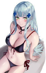 Rule 34 | 1girl, 3 small spiders, :3, absurdres, alternate costume, arms behind back, bare shoulders, bikini, black choker, blue hair, blush, breasts, choker, cleavage, closed mouth, commentary, feet out of frame, girls&#039; frontline, green eyes, hair ornament, hairclip, hands on floor, highres, hk416 (girls&#039; frontline), long hair, looking at viewer, medium breasts, navel, purple bikini, shadow, simple background, sitting, solo, swimsuit, teardrop facial mark, teardrop tattoo, triangle