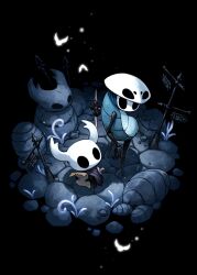 Rule 34 | 1boy, 1other, arthropod boy, bug, fuifui, grey cloak, highres, holding, holding map, holding weapon, hollow eyes, hollow knight, horned mask, knight (hollow knight), map, mask, mask on head, nail (hollow knight), no humans, plant, quirrel, signpost, statue, weapon