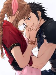 Rule 34 | 1boy, 1girl, aerith gainsborough, armor, blue eyes, bow, bracelet, braid, brown hair, final fantasy, final fantasy vii, from side, hair ribbon, hetero, highres, jewelry, long hair, looking at another, maiii (smaii i), pink bow, profile, ribbon, scar, scar on face, shirt, short sleeves, shoulder armor, side braid, simple background, smile, square enix, twitter username, upper body, white background, white shirt, zack fair