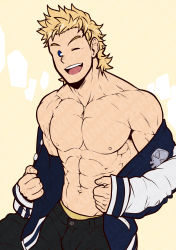 Rule 34 | 1boy, ;d, abs, bara, bare pectorals, bare shoulders, black pants, blonde hair, blue eyes, blue jacket, boku no hero academia, bulge, cowboy shot, flat color, highres, jacket, kuroshinki, large pectorals, male focus, muscular, muscular male, navel, nipples, off shoulder, official alternate costume, one eye closed, open clothes, open jacket, open mouth, pants, pectorals, short hair, smile, solo, spiked hair, stomach, togata mirio
