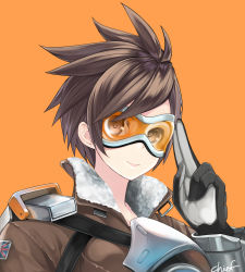Rule 34 | 1girl, art is de4d, artist name, black gloves, bodysuit, bomber jacket, brown hair, brown jacket, chest harness, gloves, goggles, harness, high collar, highres, jacket, leather, leather jacket, light smile, lips, long sleeves, looking at viewer, orange background, overwatch, overwatch 1, salute, short hair, simple background, smile, solo, spiked hair, tracer (overwatch), union jack, upper body