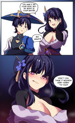 Rule 34 | 1boy, 1girl, 2koma, :q, absurdres, blush, breasts, cleavage, comic, commentary, english commentary, female pervert, flower ornament, genshin impact, hat, heart, heart-shaped pupils, highres, hinghoi, jingasa, large breasts, naughty face, pervert, purple eyes, purple hair, raiden shogun, scaramouche (genshin impact), seductive smile, smile, symbol-only commentary, symbol-shaped pupils, tongue, tongue out, wanderer (genshin impact)