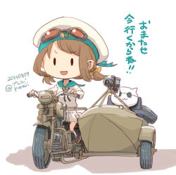 Rule 34 | 10s, 1girl, 2014, :3, :d, batsubyou, beret, brown hair, cat, colored shadow, dated, error musume, flight goggles, girl holding a cat (kancolle), hair ribbon, hat, kantai collection, motor vehicle, motorcycle, open mouth, pureji oshou, ribbon, school uniform, serafuku, shadow, shoshinsha mark, sidecar, smile, sunglasses, tire, translation request, twitter username, vehicle, white background