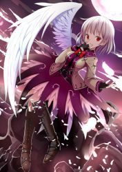 Rule 34 | 1girl, belt, black gloves, boots, bow, brooch, dress, feathered wings, feathers, fingerless gloves, full body, givuchoko, gloves, jacket, jewelry, jpeg artifacts, kishin sagume, looking at viewer, night, night sky, open clothes, open jacket, outdoors, petticoat, purple dress, red bow, red eyes, short hair, silver hair, single wing, sky, solo, touhou, white wings, wings