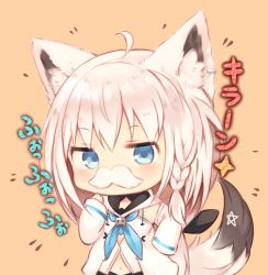 Rule 34 | 1girl, animal ear fluff, animal ears, blue eyes, blue neckerchief, braid, brown background, chibi, detached sleeves, fake facial hair, fake mustache, fox ears, fox girl, fox tail, hand up, highres, hololive, hood, hood down, long hair, long sleeves, navel, neckerchief, shirakami fubuki, shirakami fubuki (1st costume), shirt, sleeveless, sleeveless shirt, sleeves past wrists, solo, sukemyon, tail, tail raised, translation request, upper body, virtual youtuber, white hair, white shirt, white sleeves