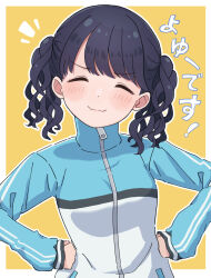 Rule 34 | 1girl, absurdres, black hair, closed eyes, commentary request, facing viewer, fukumaru koito, highres, idolmaster, idolmaster shiny colors, jacket, medium hair, multicolored clothes, multicolored jacket, pippo (pippo314), smile, solo, swept bangs, track jacket, translated, twintails, two-tone jacket, upper body, yellow background