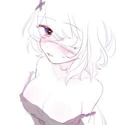 Rule 34 | 1girl, arknights, blush, breasts, chinese commentary, cleavage, collarbone, commentary request, eyepatch, eyes visible through hair, hair ornament, kemono (fukanasumi), large breasts, limited palette, looking at viewer, medical eyepatch, off shoulder, one eye covered, parted lips, purple eyes, short hair, simple background, solo, sweatdrop, upper body, whisperain (arknights), white background, x hair ornament