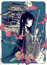 Rule 34 | 1girl, absurdres, architecture, bamboo, black hair, blunt bangs, bow, bowtie, branch, building, chujiatangji, closed mouth, earrings, east asian architecture, flower, frilled sleeves, frills, from side, full moon, grey shirt, highres, hime cut, houraisan kaguya, jeweled branch of hourai, jewelry, limited palette, long hair, long sleeves, looking at viewer, looking to the side, moon, obi, rabbit, railing, red eyes, rock, sash, shirt, smoke, solo, touhou, tree, tsurime, upper body, very long hair, water, wide sleeves, yellow flower