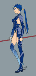 Rule 34 | 1girl, aged up, armor, blue hair, boots, cu chulainn (fate), cu chulainn (fate/stay night), fate/stay night, fate (series), full body, gae bolg (fate), genderswap, genderswap (mtf), grey background, holding, holding polearm, holding spear, holding weapon, lancer-tan, leotard, long hair, nishiyama (whatsoy), pauldrons, polearm, ponytail, profile, shoulder armor, solo, spear, standing, thigh boots, thighhighs, weapon