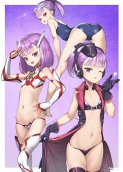 Rule 34 | 1girl, absurdres, armpits, ass, belt, bent over, bikini, black bikini, black gloves, blowing kiss, blue one-piece swimsuit, blush, coat, elbow gloves, fate/grand order, fate (series), flat chest, gloves, gradient background, hand up, heart, helena blavatsky (fate), helena blavatsky (swimsuit archer) (fate), helena blavatsky (swimsuit archer) (first ascension) (fate), helena blavatsky (swimsuit archer) (second ascension) (fate), helena blavatsky (swimsuit archer) (third ascension) (fate), highres, looking at viewer, multiple views, navel, one-piece swimsuit, one eye closed, open clothes, open coat, open mouth, parted lips, purple background, purple eyes, purple hair, saliva, salute, saruchitan, school swimsuit, short hair, skindentation, sleeveless, sleeveless coat, smile, sparkle, sparkle background, standing, swimsuit, thighhighs