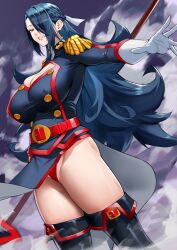 Rule 34 | 1girl, absurdres, azuma fubuki, belt, black footwear, black jacket, black skirt, blue eyes, blue hair, boots, braid, breasts, cleavage, cleavage cutout, clothing cutout, dark blue hair, elbow gloves, epaulettes, french braid, gloves, grin, hair over one eye, hair ribbon, highres, jacket, large breasts, long hair, long sleeves, looking at viewer, mato seihei no slave, outstretched arm, pelvic curtain, red trim, ribbon, skirt, smile, solo, thigh boots, weapon, white gloves, yoshio (55level)