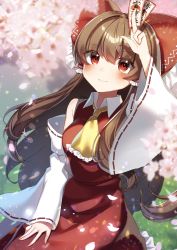 Rule 34 | 1girl, arm up, between fingers, blurry, blurry background, blush, bow, brown hair, budou zerii 98yen, closed mouth, collared shirt, commentary request, depth of field, detached sleeves, flower, frilled bow, frilled skirt, frills, hair between eyes, hair bow, hakurei reimu, highres, holding, long hair, long sleeves, ofuda, ofuda between fingers, petals, pink flower, red bow, red eyes, red shirt, red skirt, shirt, skirt, sleeveless, sleeveless shirt, sleeves past wrists, smile, solo, touhou, very long hair, white sleeves, wide sleeves
