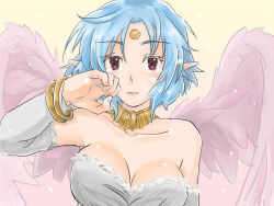 Rule 34 | 1girl, angel wings, bare shoulders, blue hair, breasts, chickenkue, cleavage, closed mouth, collarbone, crying, crying with eyes open, dress, facial mark, feathered wings, filia (star ocean), forehead jewel, forehead mark, highres, jewelry, looking at viewer, medium breasts, pointy ears, red eyes, short hair, simple background, solo, star ocean, star ocean the second story, tears, wings