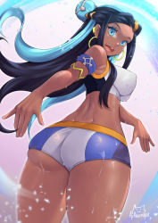 Rule 34 | 1girl, :d, achromaru, alternate breast size, aqua eyes, aqua hair, arm behind back, armlet, ass, back, bare shoulders, bike shorts, bikini, black hair, blue eyeshadow, breasts, bun cover, covered erect nipples, cowboy shot, creatures (company), dark-skinned female, dark skin, dimples of venus, earclip, earrings, eyeshadow, fingerless gloves, floating hair, from behind, from below, game freak, gloves, hair bun, highres, hoop earrings, impossible clothes, jewelry, large breasts, lips, long hair, looking at viewer, looking back, makeup, midriff, multicolored hair, nessa (pokemon), nintendo, open mouth, outstretched arm, paid reward available, pokemon, pokemon swsh, single hair bun, smile, solo, swimsuit, tankini, twisted torso, two-tone hair, very long hair, wet, wet clothes