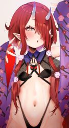 Rule 34 | 1girl, blush, breasts, detached sleeves, earrings, hair over one eye, highres, hoozuki warabe, horns, japanese clothes, jewelry, kajimakoto, long hair, looking at viewer, navel, noripro, oni, oni horns, parted lips, pointy ears, red hair, small breasts, solo, stomach, virtual youtuber, yellow eyes