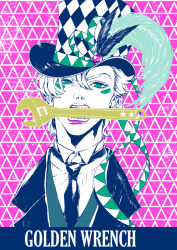 Rule 34 | 1boy, bad id, bad pixiv id, caesar anthonio zeppeli, facial mark, feathers, hat, hat ribbon, jojo no kimyou na bouken, lipstick, makeup, male focus, mouth hold, necktie, ribbon, saitooo, solo, top hat, wrench