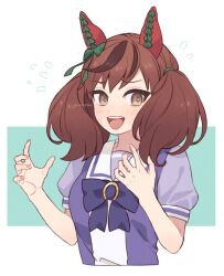 Rule 34 | 1girl, animal ears, bow, bowtie, breasts, brown hair, cropped torso, ear covers, flying sweatdrops, furrowed brow, hands up, horse ears, light blush, looking at viewer, medium hair, multicolored hair, nice nature (umamusume), nm222hz, open mouth, purple shirt, sailor collar, school uniform, shirt, small breasts, solo, streaked hair, teeth, tracen school uniform, twintails, twitter username, umamusume, upper body, upper teeth only, watermark, yellow eyes