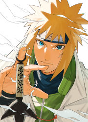 Rule 34 | 1boy, blonde hair, blue eyes, closed mouth, commentary request, face, forehead protector, highres, holding, holding weapon, looking at viewer, mirin (coene65), namikaze minato, naruto, naruto (series), ninja, short hair, spiked hair, straight-on, weapon