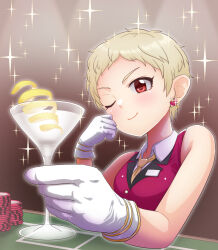 Rule 34 | 1girl, blonde hair, cocktail glass, cup, drinking glass, earrings, foreshortening, gloves, highres, holding, holding cup, idolmaster, idolmaster cinderella girls, jewelry, necktie, one eye closed, poker chip, red eyes, red vest, senzaki ema, seusu, short hair, solo, sparkle, upper body, very short hair, vest, white gloves