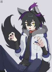 Rule 34 | 1boy, :o, alternate costume, animal ears, belt, black hair, black nails, claw pose, collar, commentary request, creatures (company), fang, game freak, grey background, hair between eyes, hands up, highres, hood, hood down, hooded jacket, jacket, kieran (pokemon), looking at viewer, male focus, mole, mole on neck, mongguri, nail polish, nintendo, open clothes, open jacket, open mouth, pants, pokemon, pokemon sv, shirt, short hair, solo, tail, tongue, yellow eyes